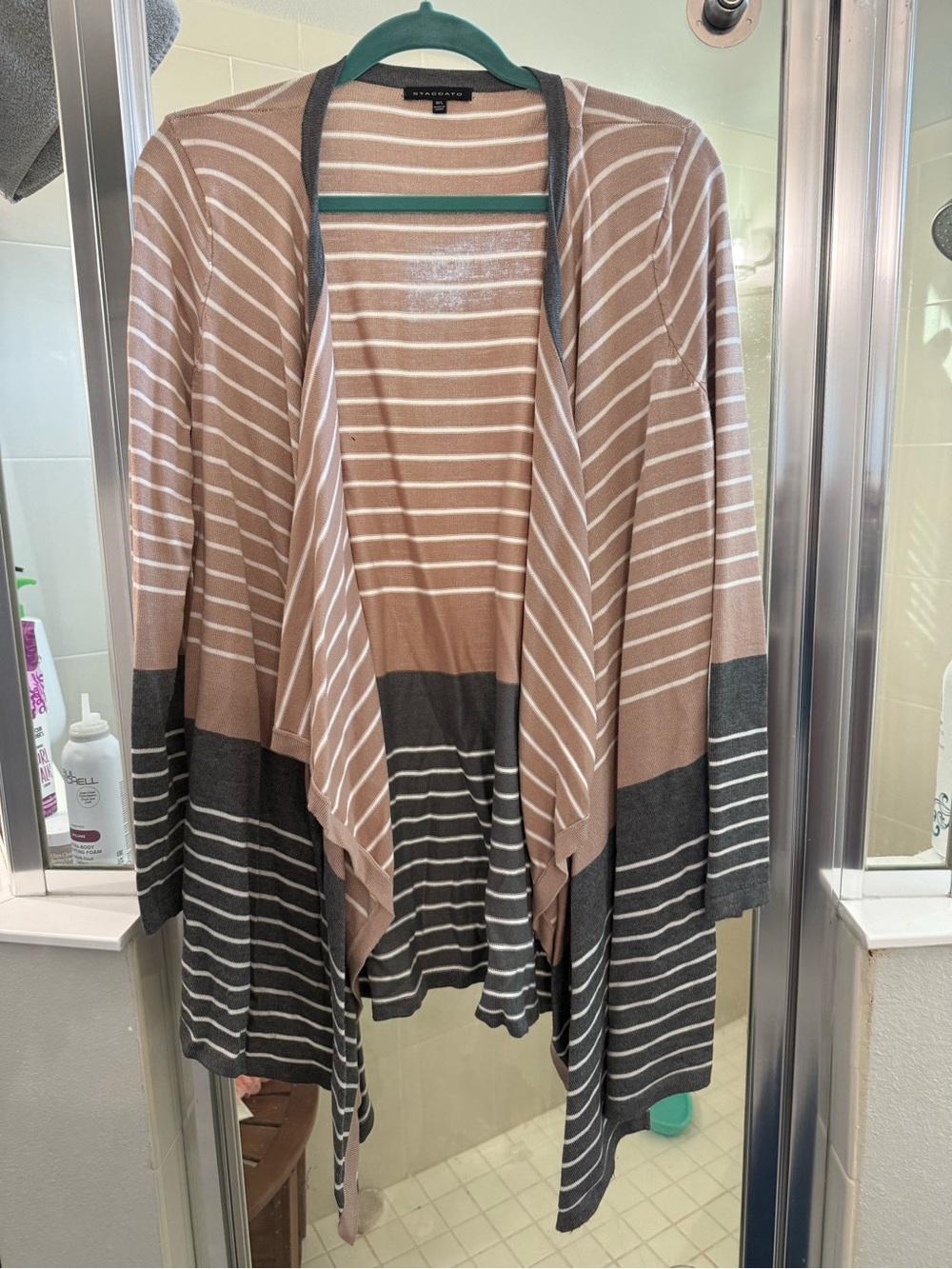 Staccato Striped Draped Open Front Tunic Cardigan in Mauve-Taupe and Charcoal
